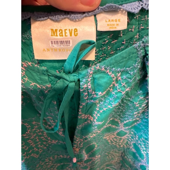 Maeve Anthropologie Emerald Green Embroidered Ruffle Sleeve Peplum Top L - Picture 6 of 7